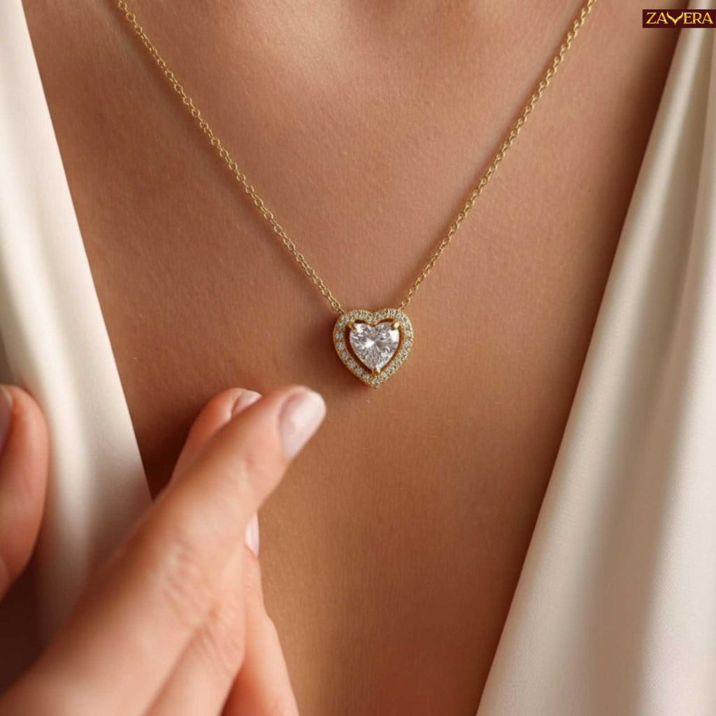 Zavera Gold Plated Crystal Heart Halo Pendant & Stud Earrings Pendant Set