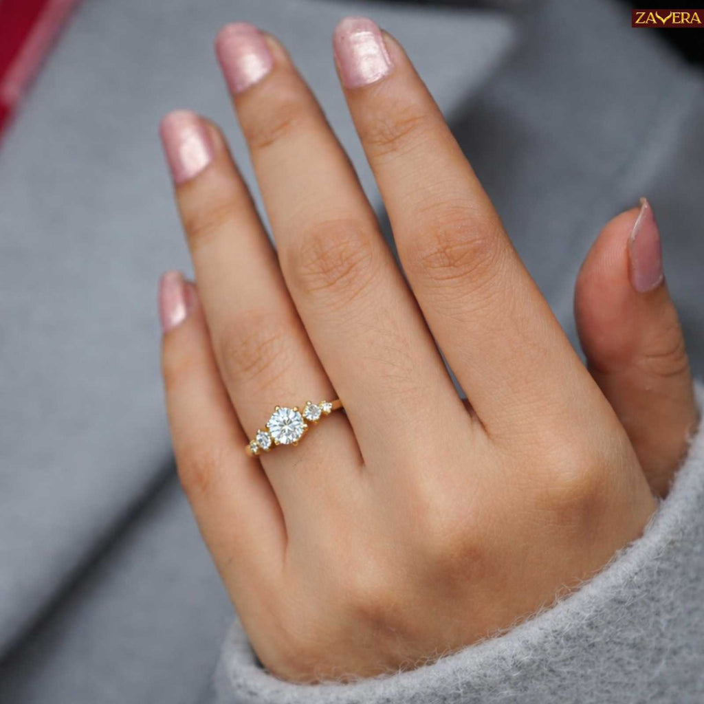 Zavera Round Solitaire Crystal Adjustable Ring Gold Plated