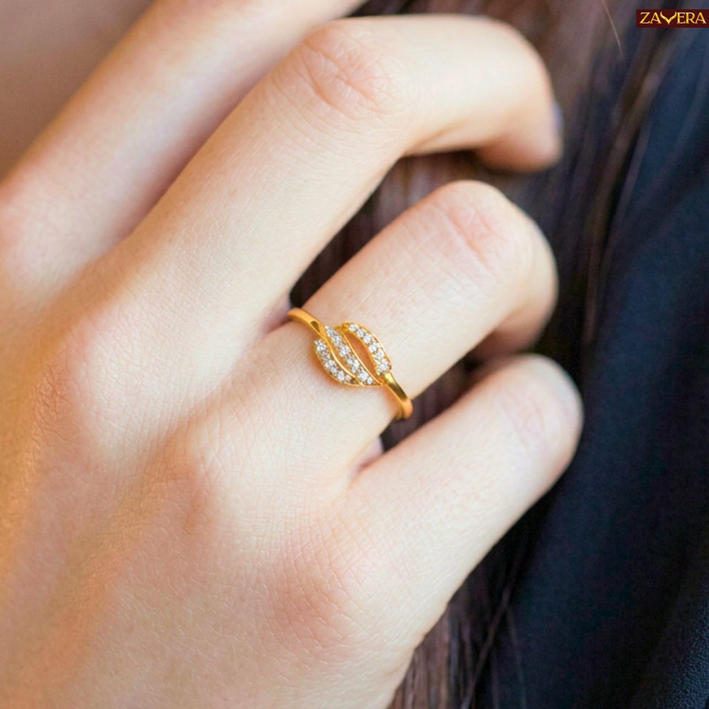 Zavera Brass 22K  Luxury Leaf Motif Style Gold Plated Ring For Women