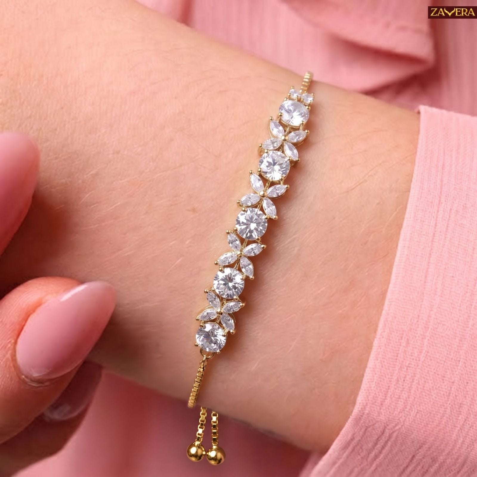 Zavera Gold Plated Floral Sparkle American Diamond Bracelet for Women