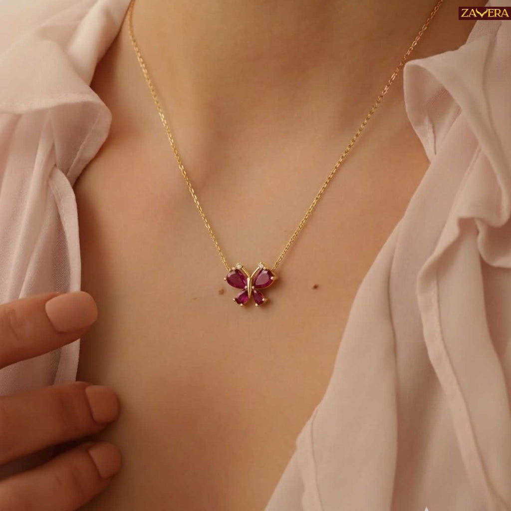 Zavera Gold Plated Pink Crystal Butterfly Pendant