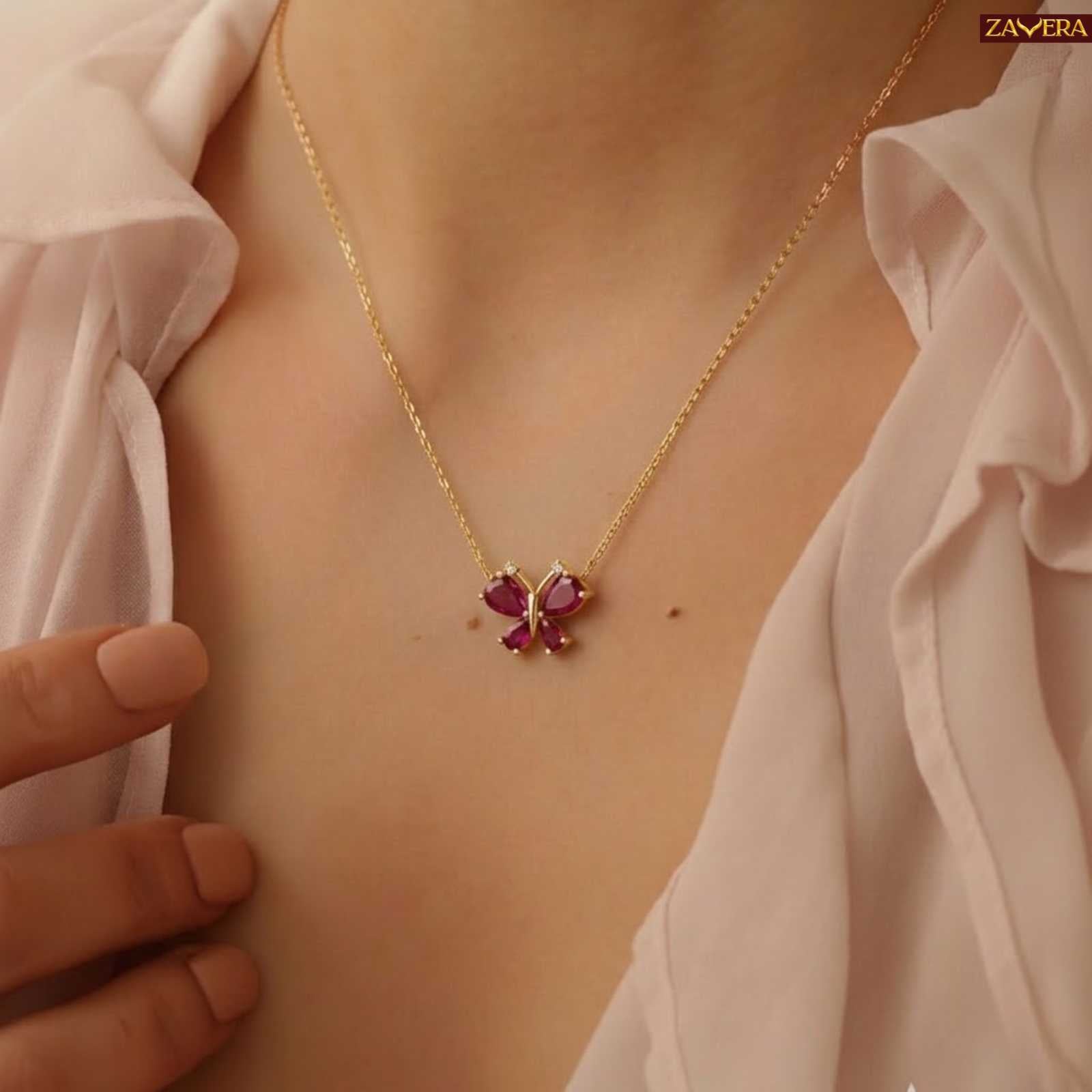 Zavera Gold Plated Pink Crystal Butterfly Pendant