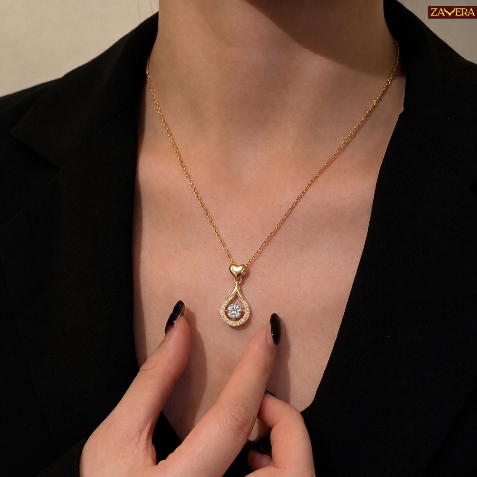 Zavera Gold Plated Heart Drop Pendant Necklace For Women