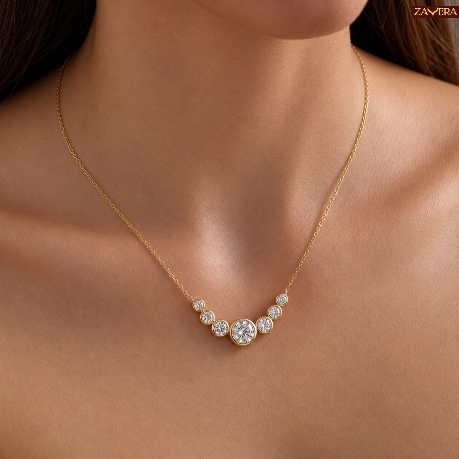 Zavera Gold Plated American Diamond Pendant with Stud Earrings for Women