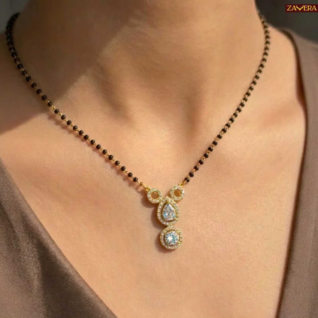 Zavera Diamond Design Gold Plated Mangalsutra Pendant with Black Beads Chain