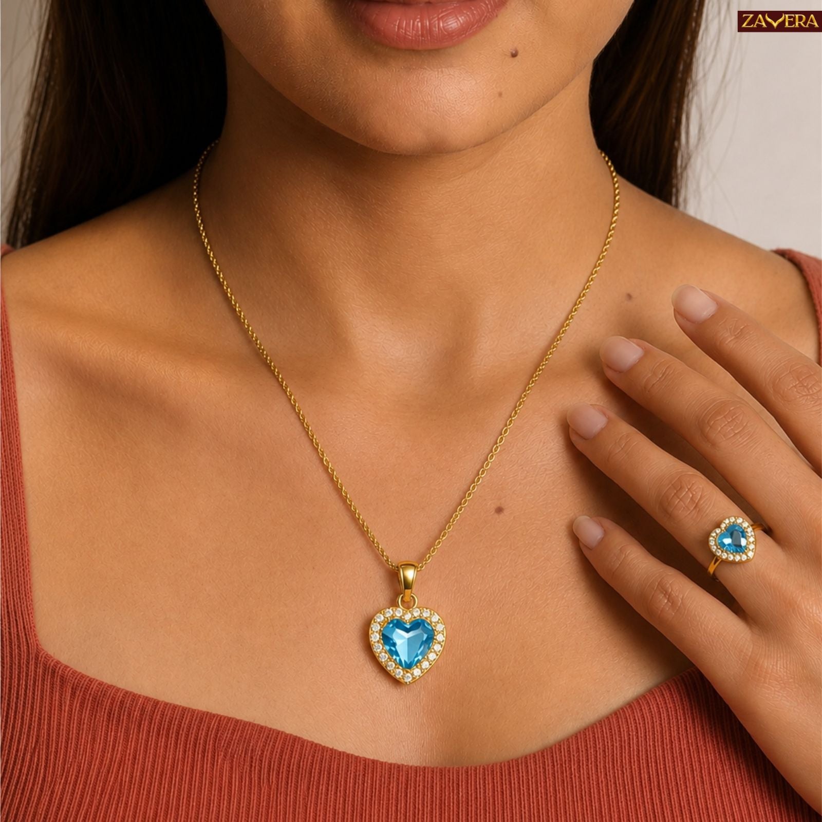 Zavera Gold Plated Blue Heart Jewelry Set | CZ Halo Pendant Necklace and Ring