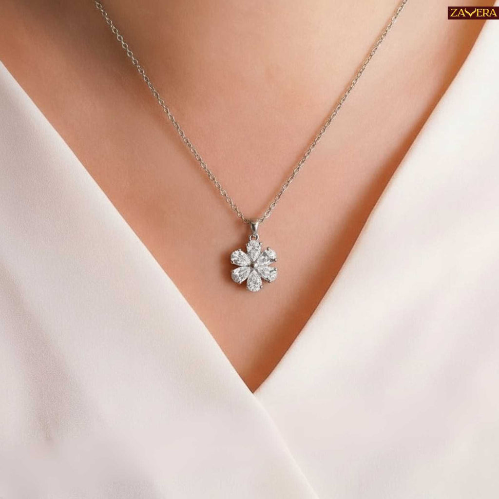 Silver Plated Flower Pendant Necklace for Women Brass Chain