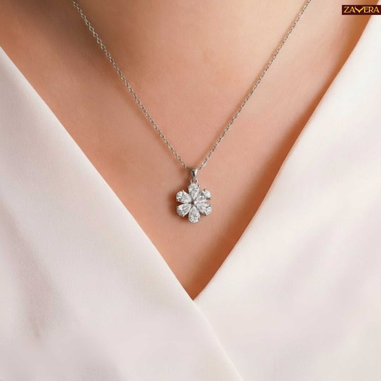 Silver Plated Flower Pendant Necklace for Women Brass Chain