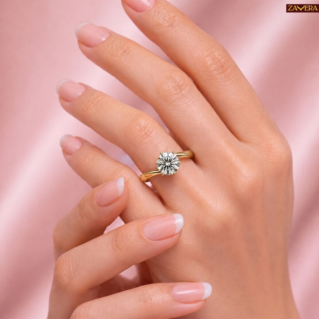 Zavera Brass 22K  Classic Round Cut Solitaire Gold Plated Ring For Women