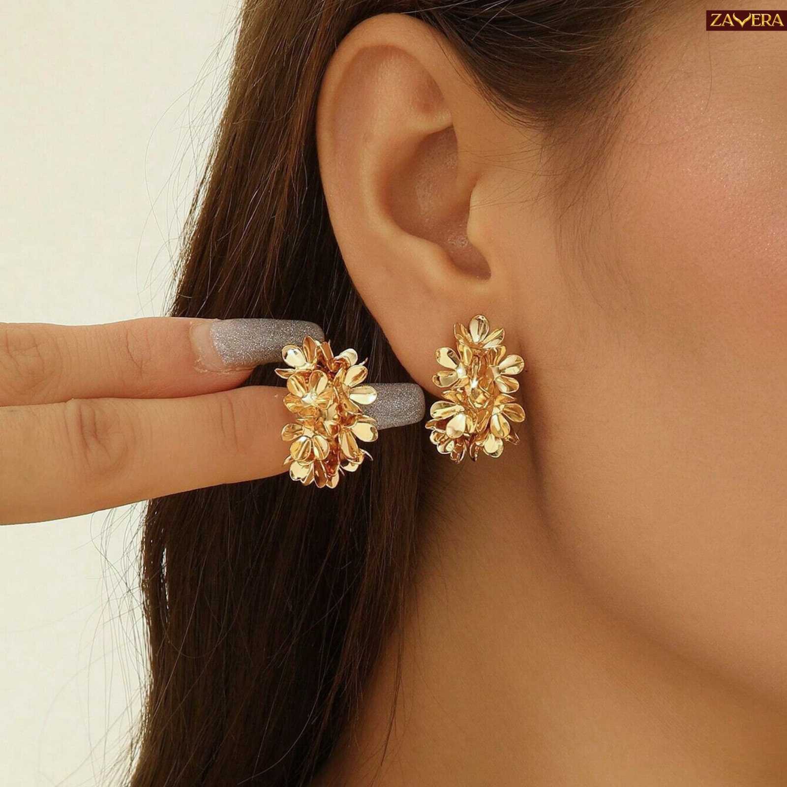 Blooming Flower Gold Plated Statement Earrings For Women