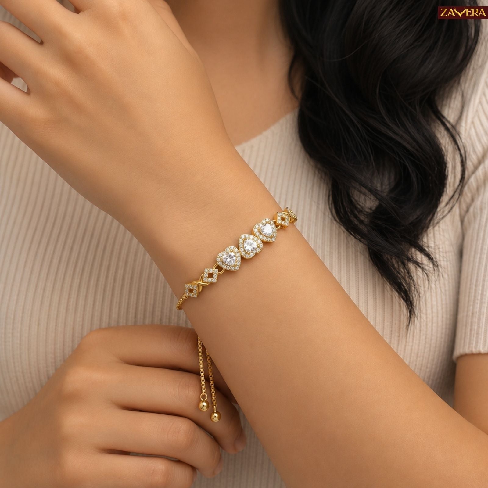 Zavera Gold Plated Trio Heart CZ Crystal Adjustable Bolo Slider Bracelet for Women