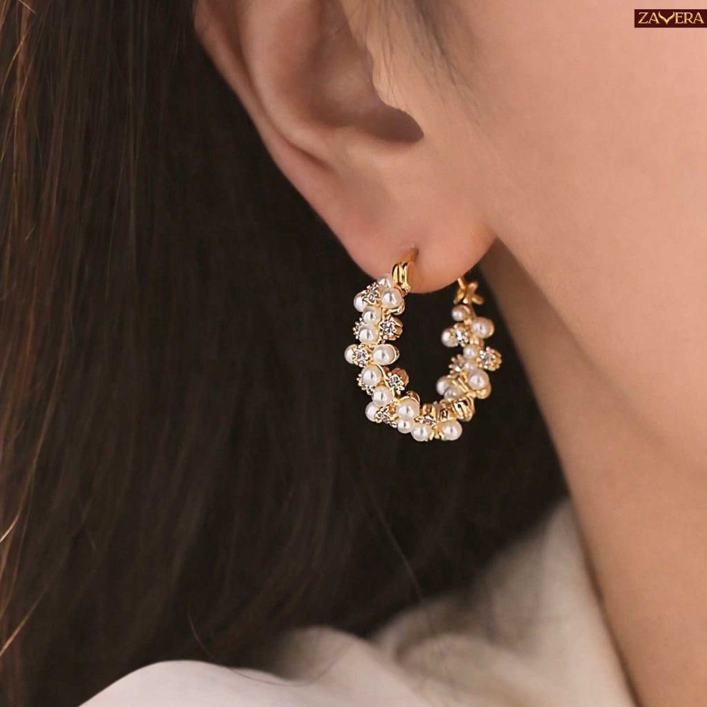 Classic Pearl Gold Plated Hoop Earrings For Women
