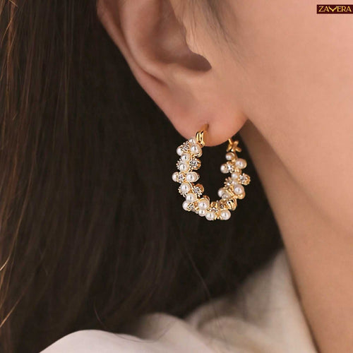 Classic Pearl Gold Plated Hoop Earrings For Women
