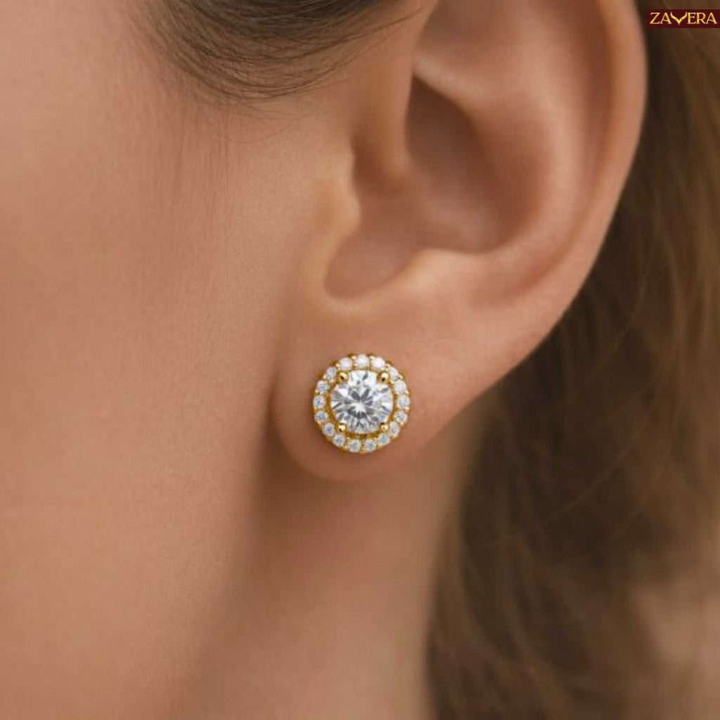 Zavera Gold Plated Round Halo American Diamond Stud Earrings for Women