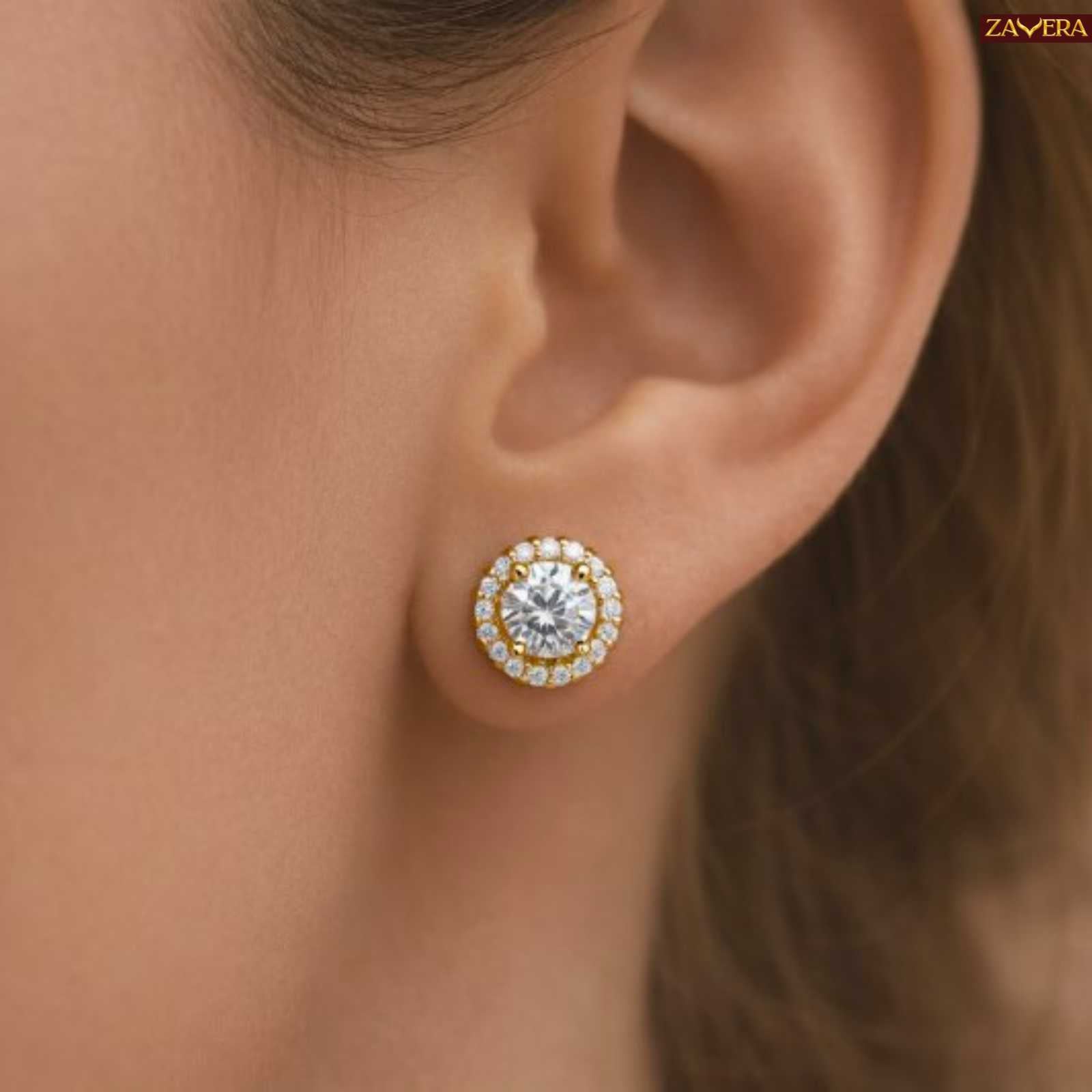 Zavera Gold Plated Round Halo American Diamond Stud Earrings for Women