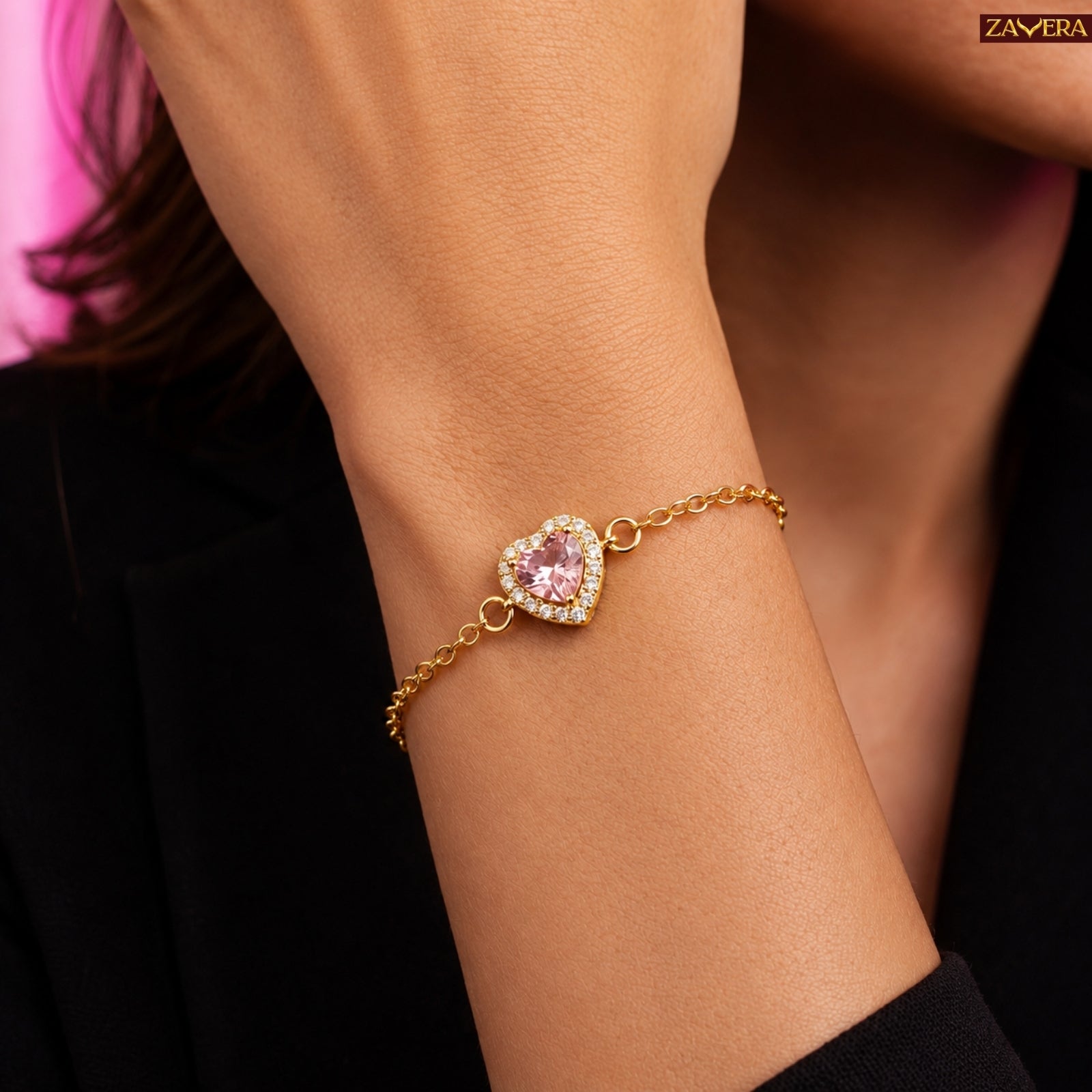 Zavera Gold Plated Pink Heart Bracelet for Women