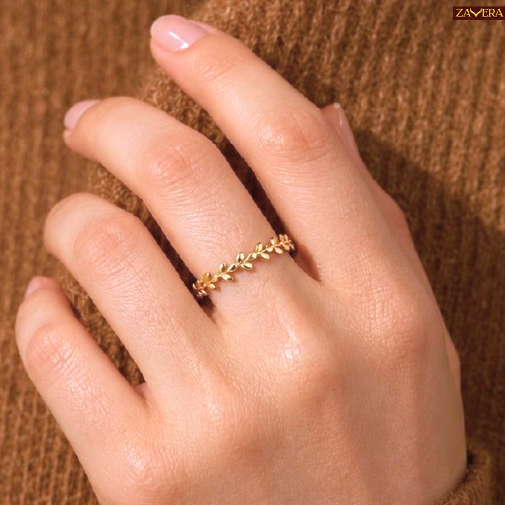 Zavera Brass 22K Gold Plated Leaf Ring For Women