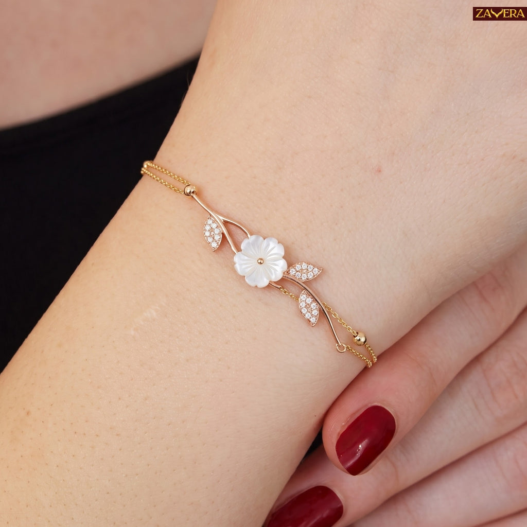 Zavera Gold Plated Carved Mother of Pearl Floral CZ Branch Bracelet for Women