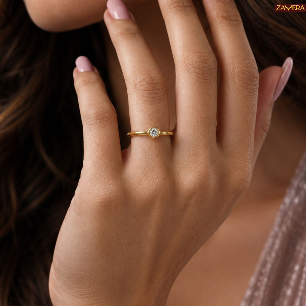 Zavera Brass 22K Classic Solitaire Gold Plated Adjustable Ring For Women