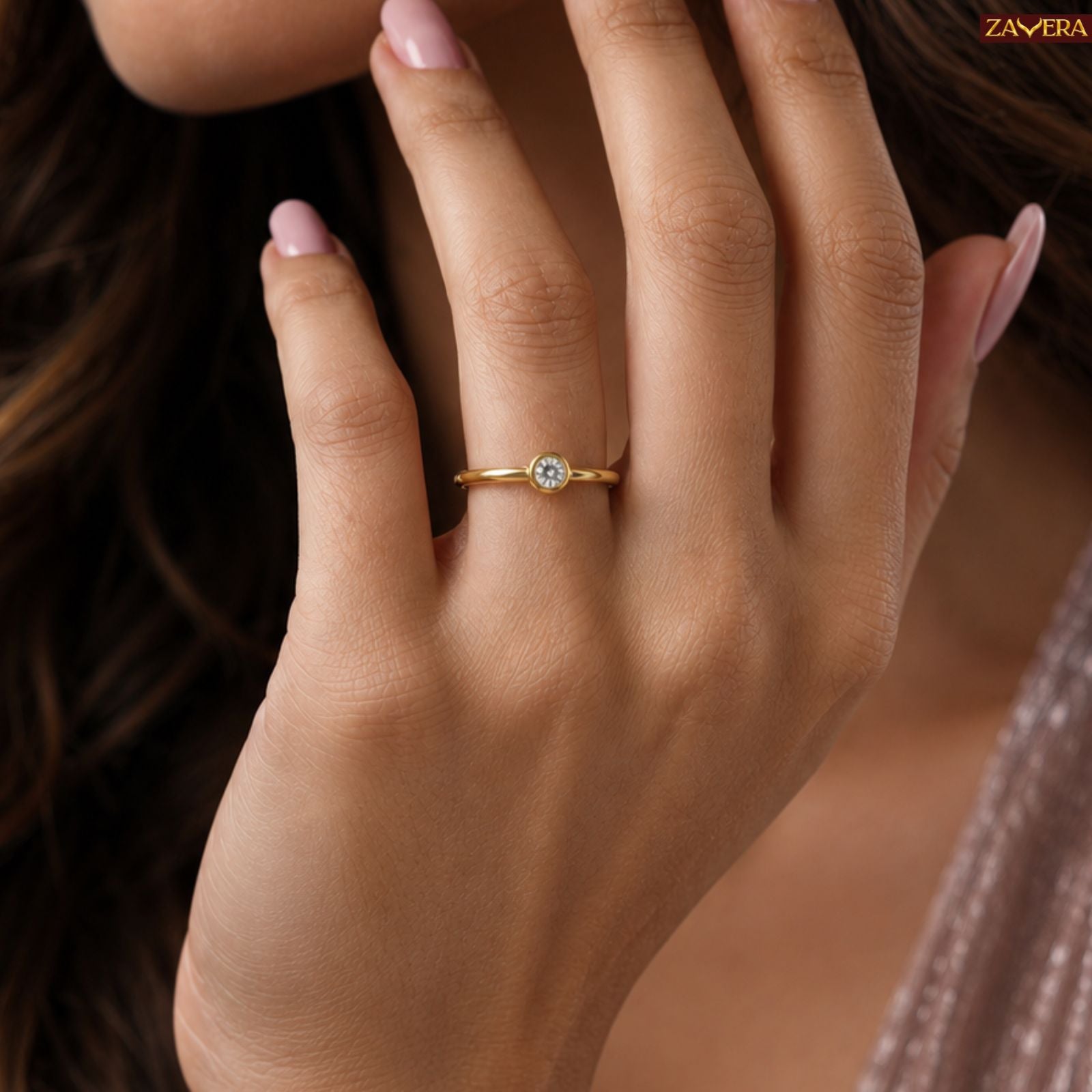 Zavera Brass 22K Classic Solitaire Gold Plated Adjustable Ring For Women