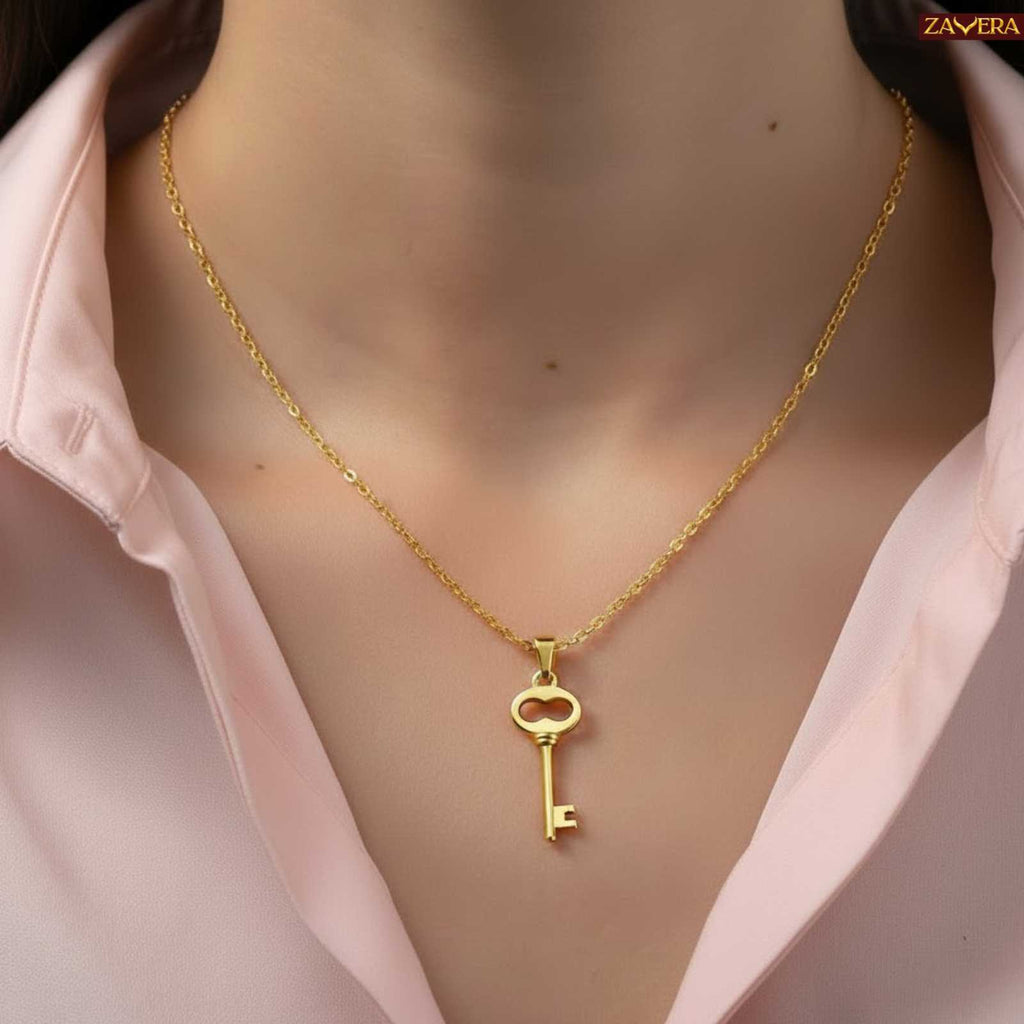 Gold Plated Key Pendant Necklace for Women Brass Chain Jewelry