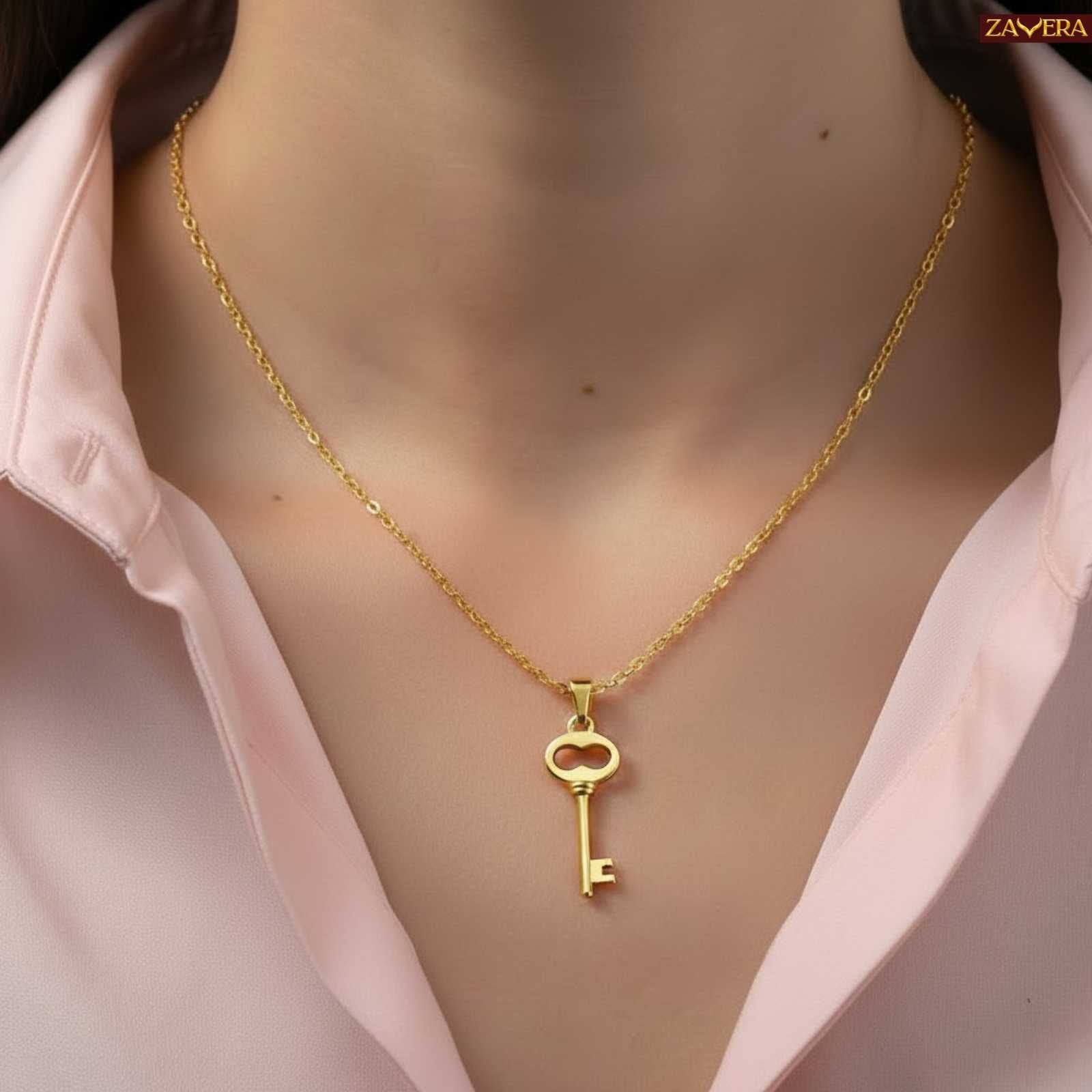 Gold Plated Key Pendant Necklace for Women Brass Chain Jewelry
