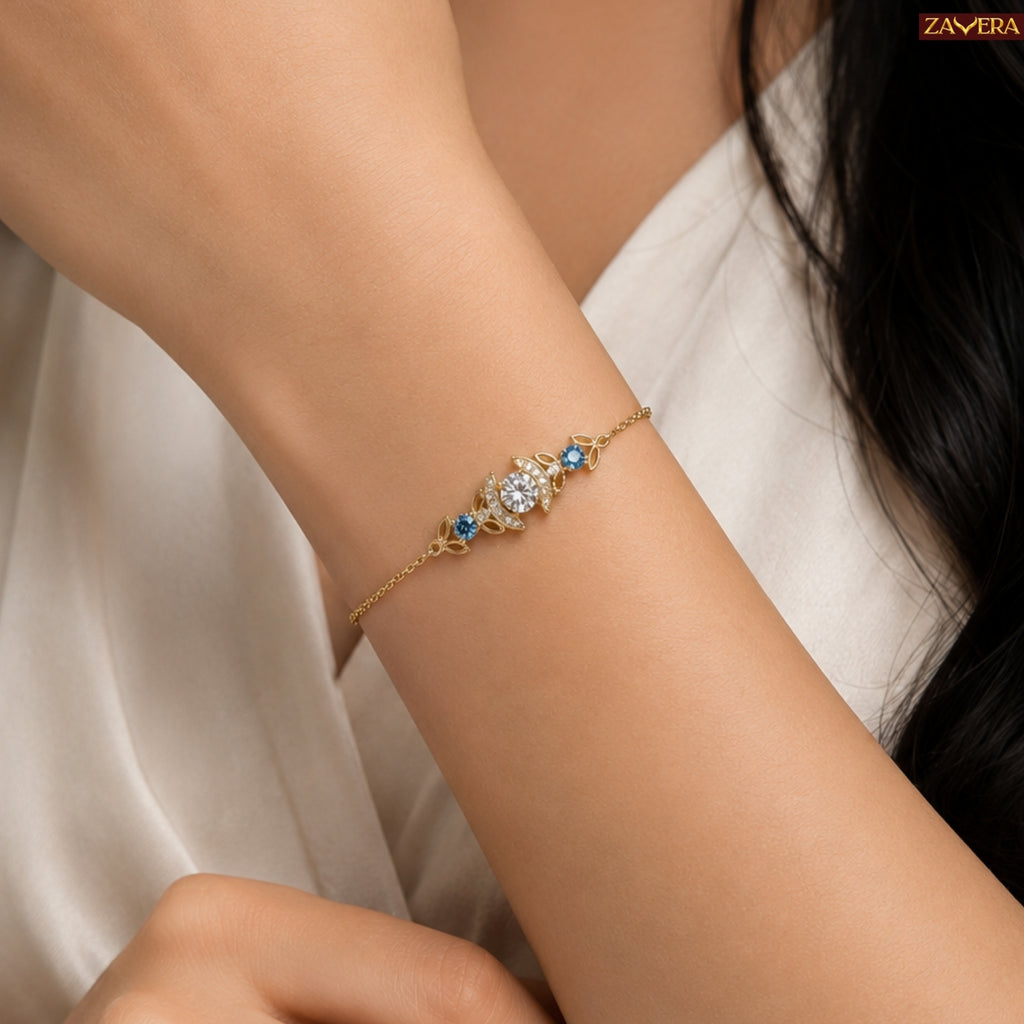 Zavera Gold Plated CZ Crystal & Blue Topaz Charm Bracelet for Women