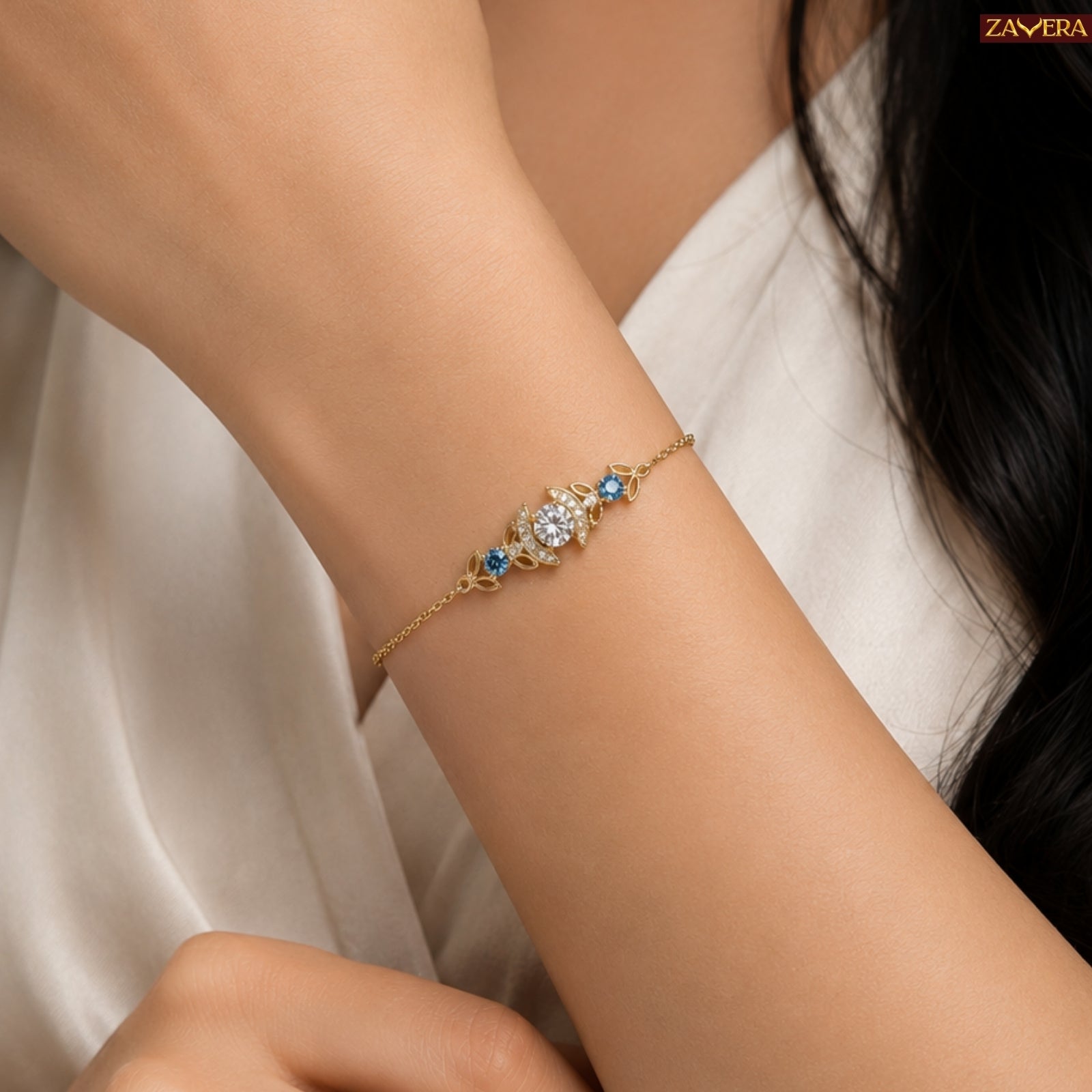 Zavera Gold Plated CZ Crystal & Blue Topaz Charm Bracelet for Women