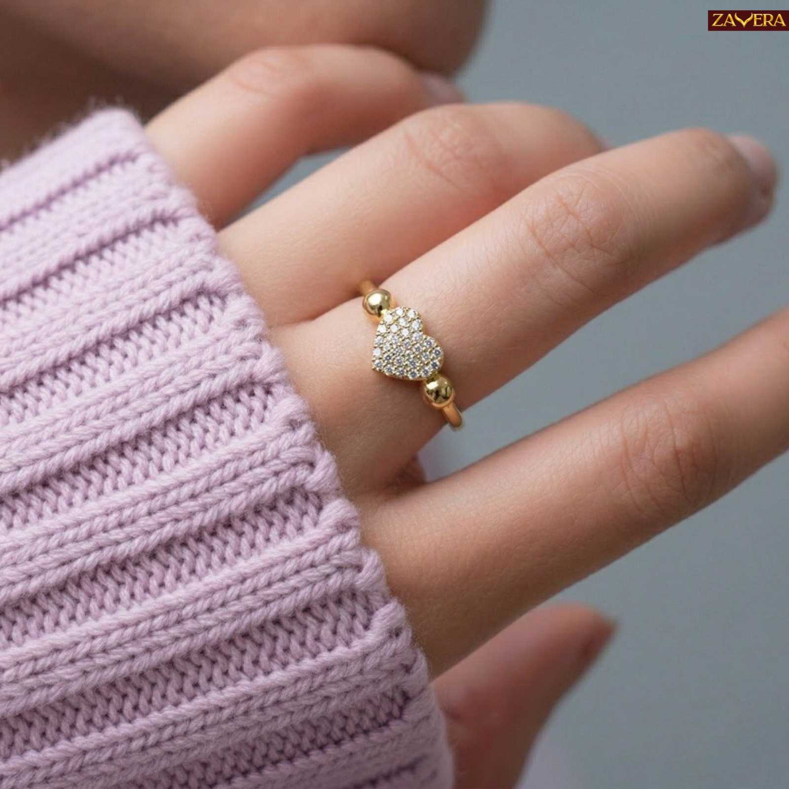 Zavera Pave Heart Diamond Gold Plated Adjustable Ring