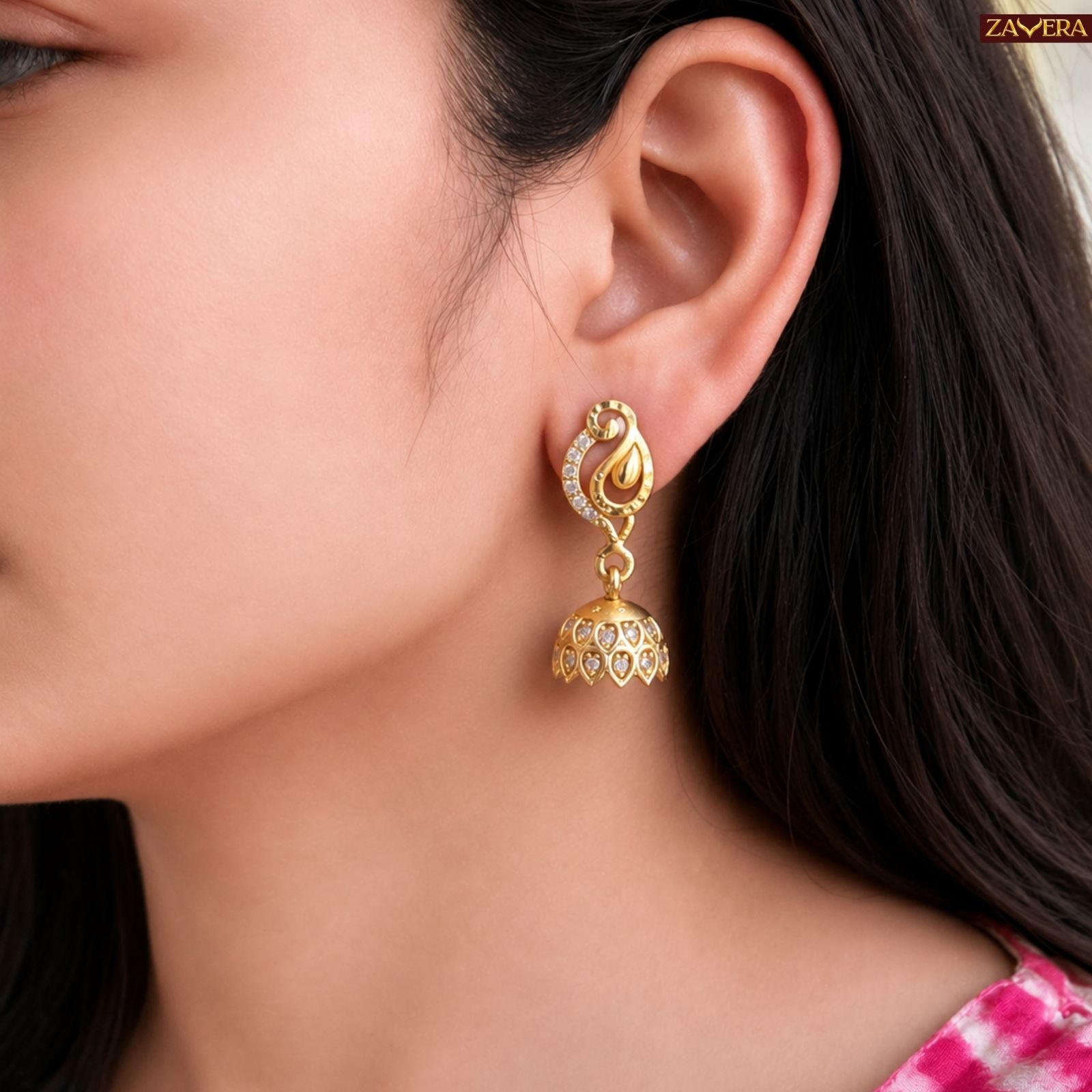 Zavera Gold Plated American Diamond Jhumka Earrings for Women
