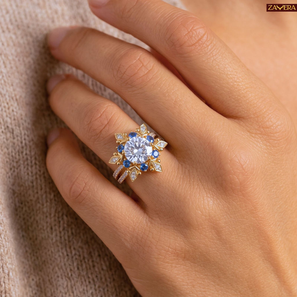 Zavera Brass 22K Adjustable Floral Halo American Diamond Gold Plated Ring For Women
