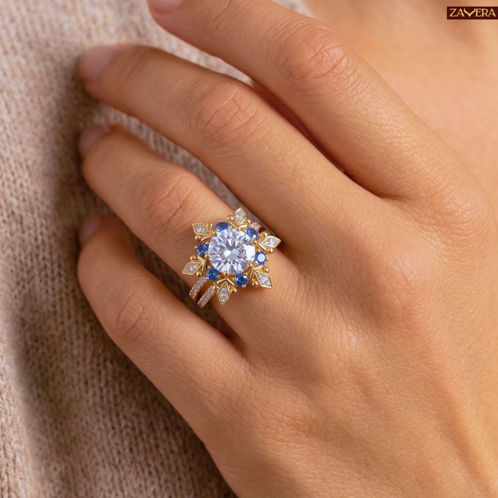 Zavera Brass 22K Adjustable Floral Halo American Diamond Gold Plated Ring For Women