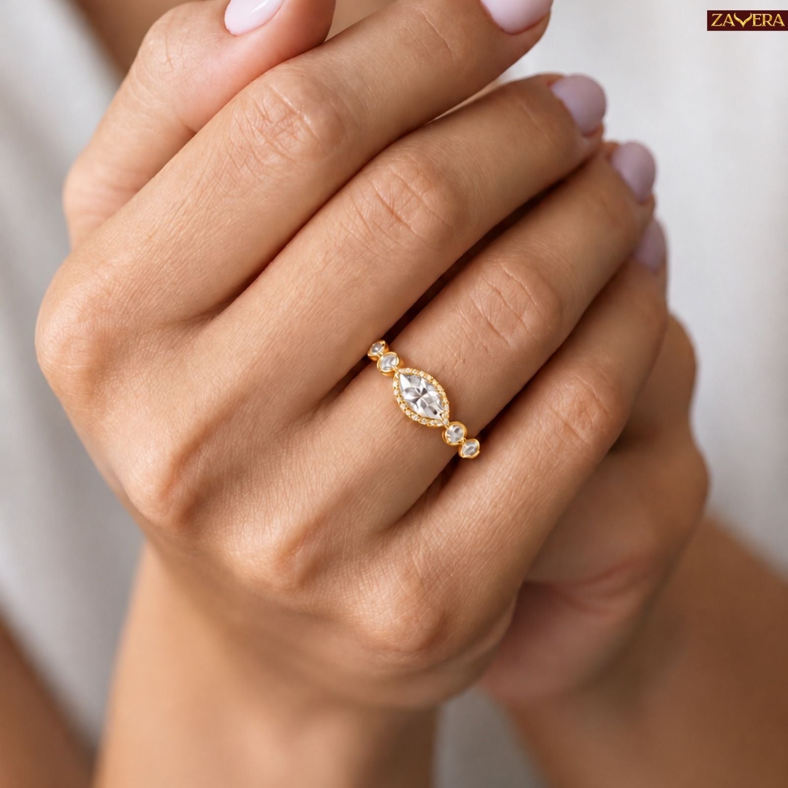 Zavera Brass 22K Marquise Halo American Diamond Gold Plated Ring For Women