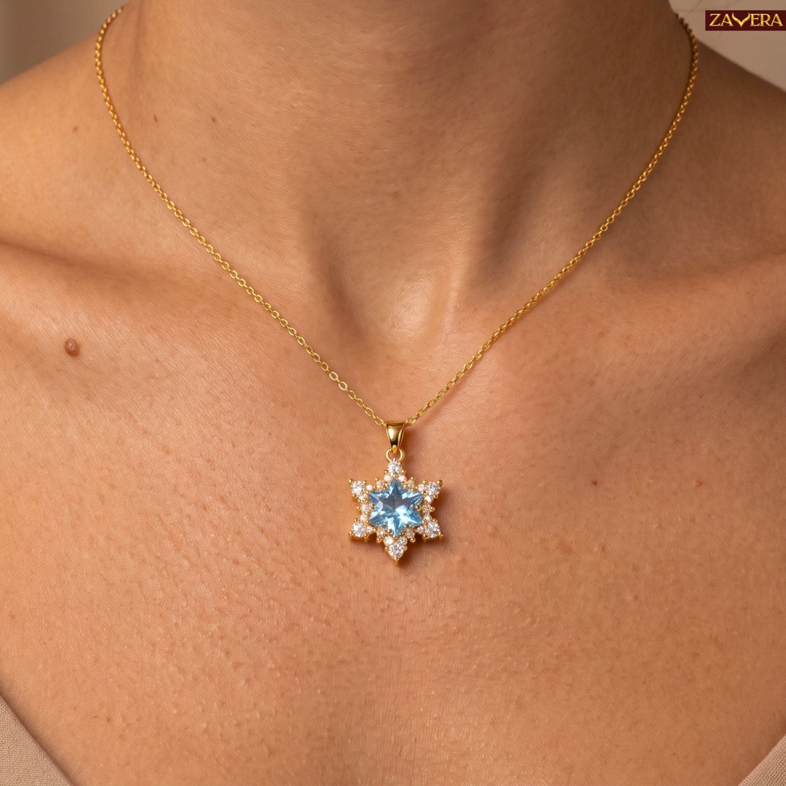 Zavera Gold Plated Dainty Blue Crystal Pendant For Women