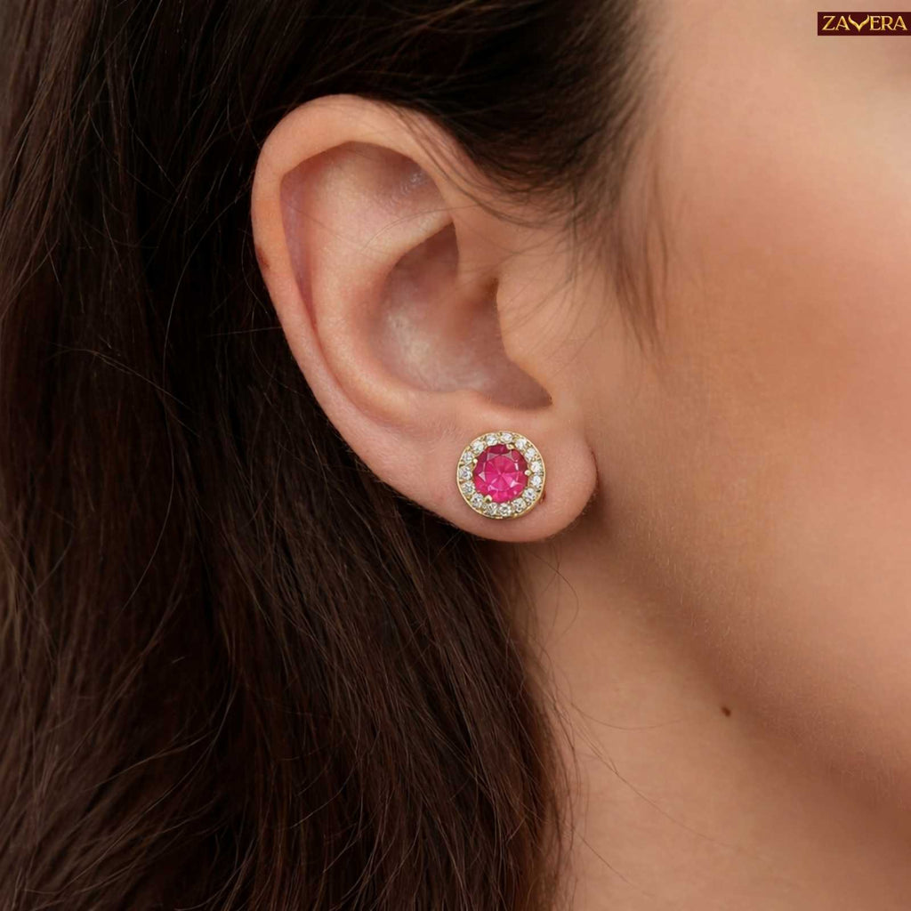 Zavera Pink Halo Gold Plated Stud Earrings
