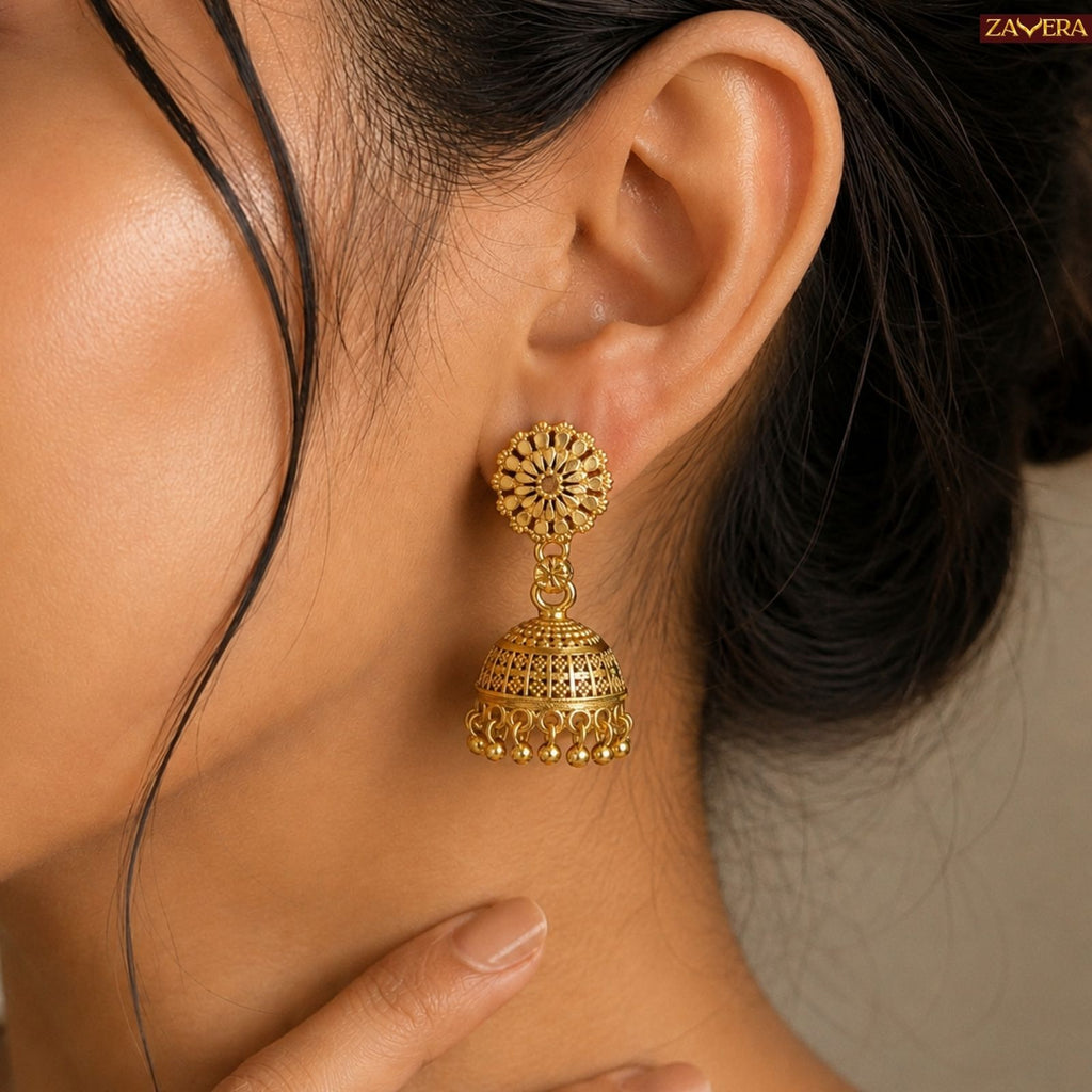 Zavera Gold Plated Floral Jhumka Earrings for Women