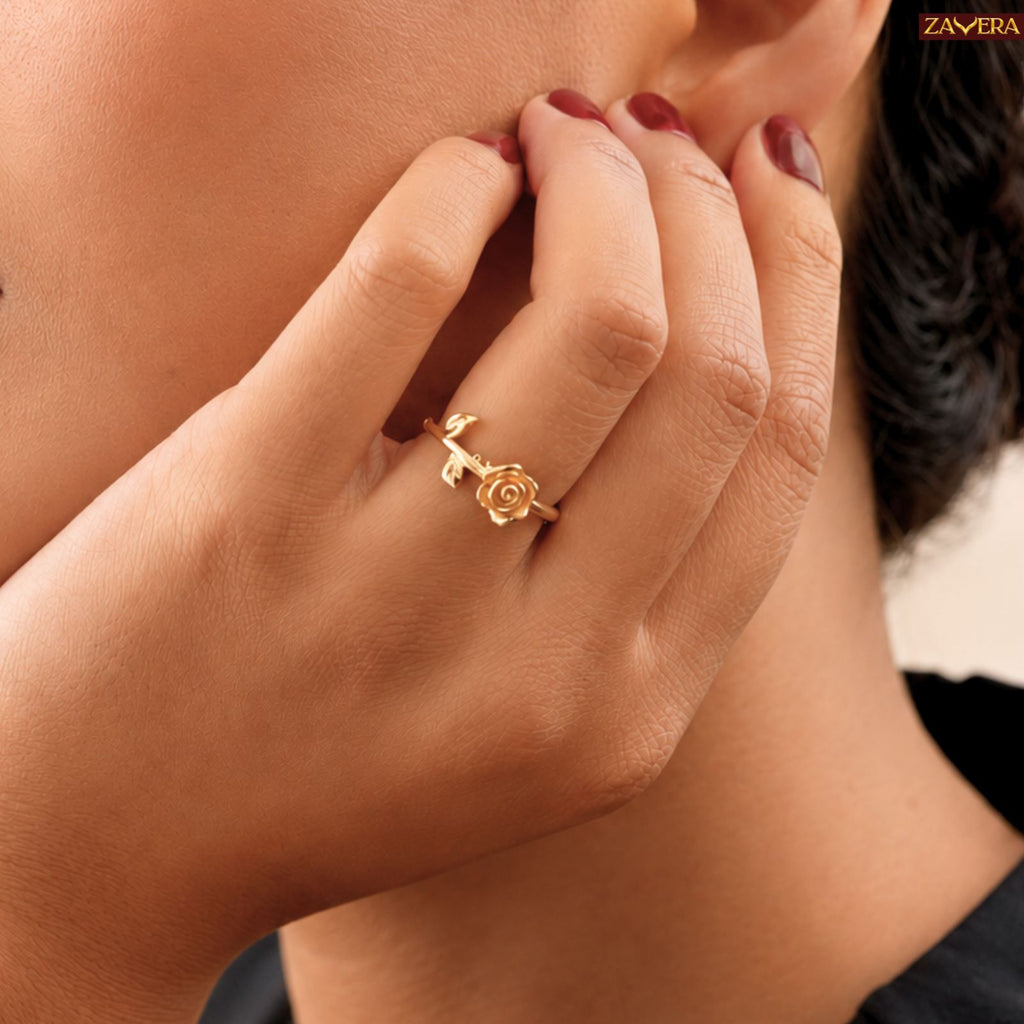 Zavera Brass 22K Rose Flower Gold Plated Adjustable Ring For Women