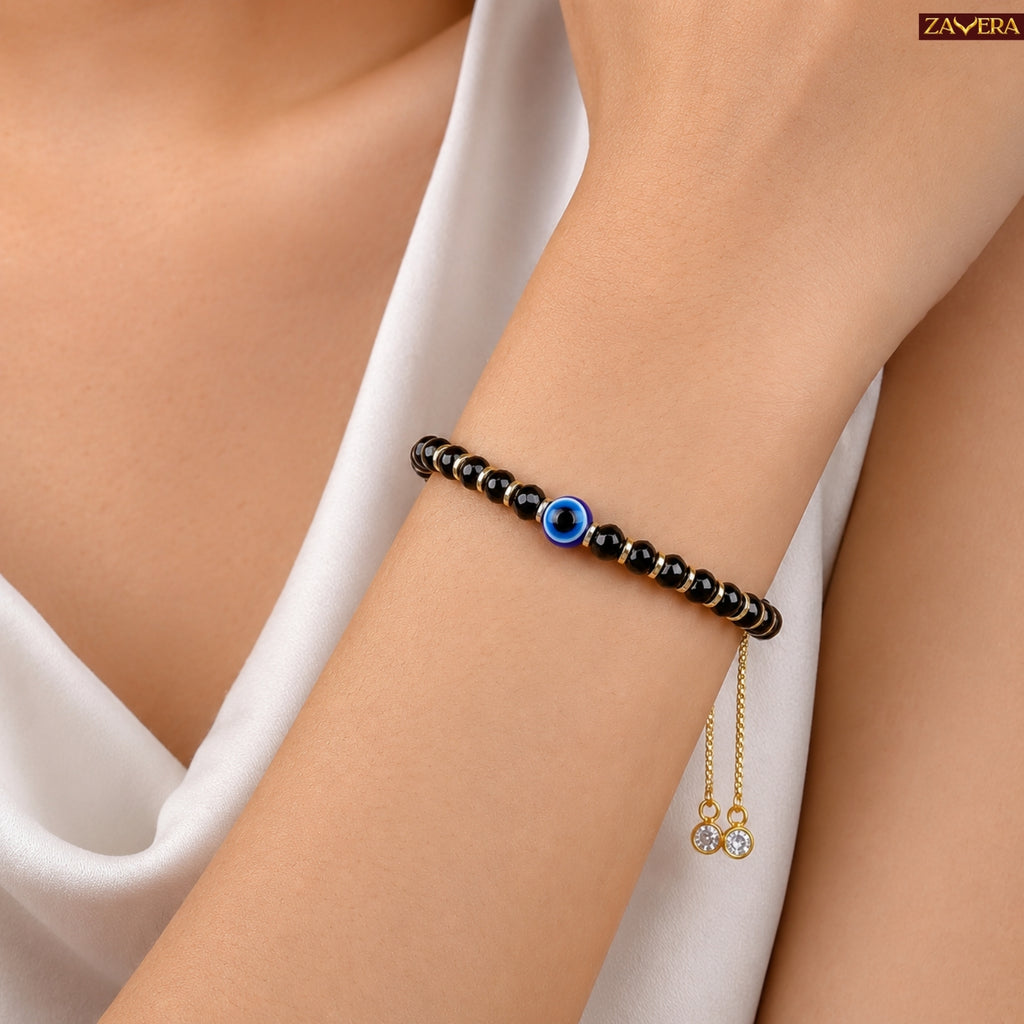 Zavera Gold Plated Black Beaded Evil Eye Bracelet for Women