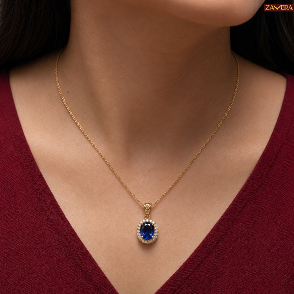 Zavera Gold Plated Blue Stone Pendant For Women