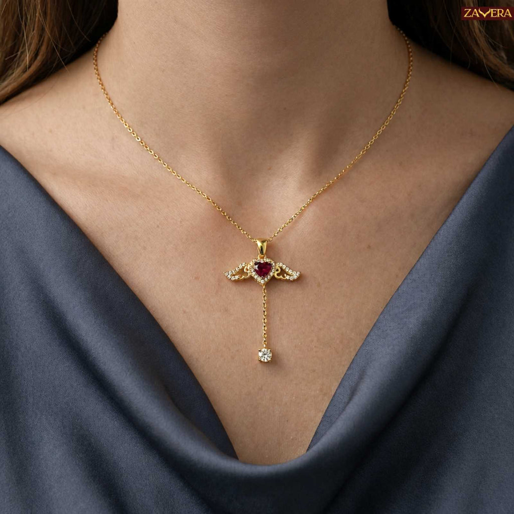Zavera Winged Heart Diamond Gold Plated Pendant