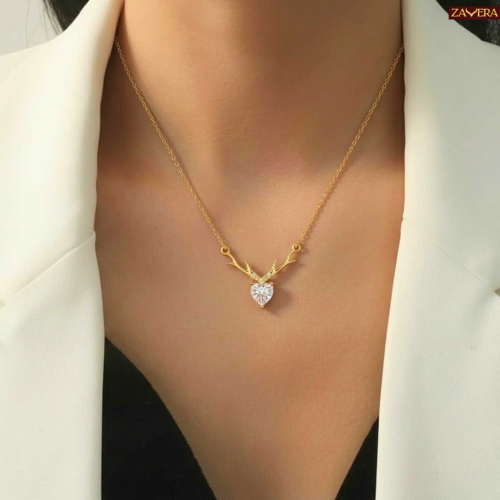 Zavera Deer Antler Heart Design Crystal Pendant Gold Plated