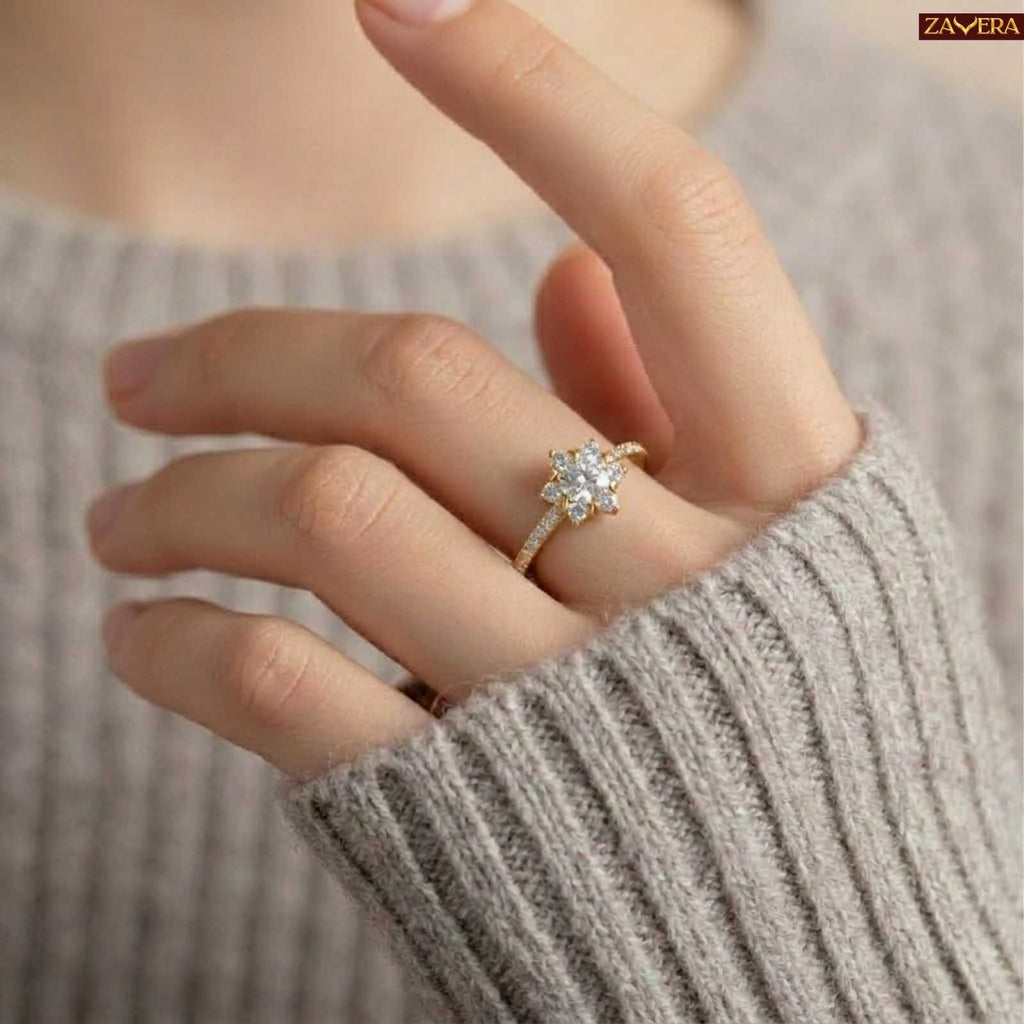Zavera Gold Plated Blossom Halo Solitaire Adjustable Ring