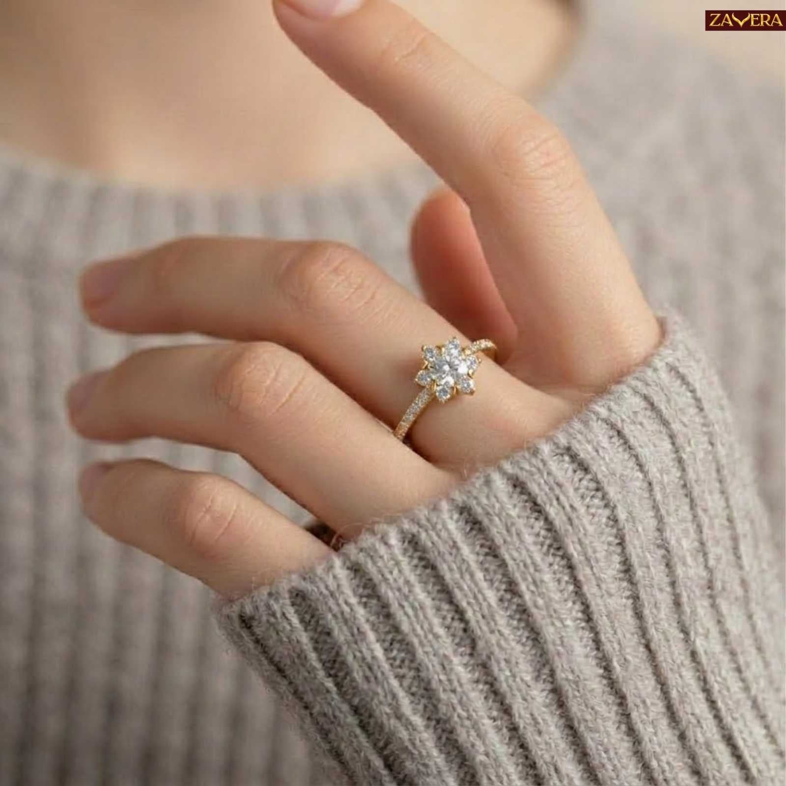 Zavera Gold Plated Blossom Halo Solitaire Adjustable Ring