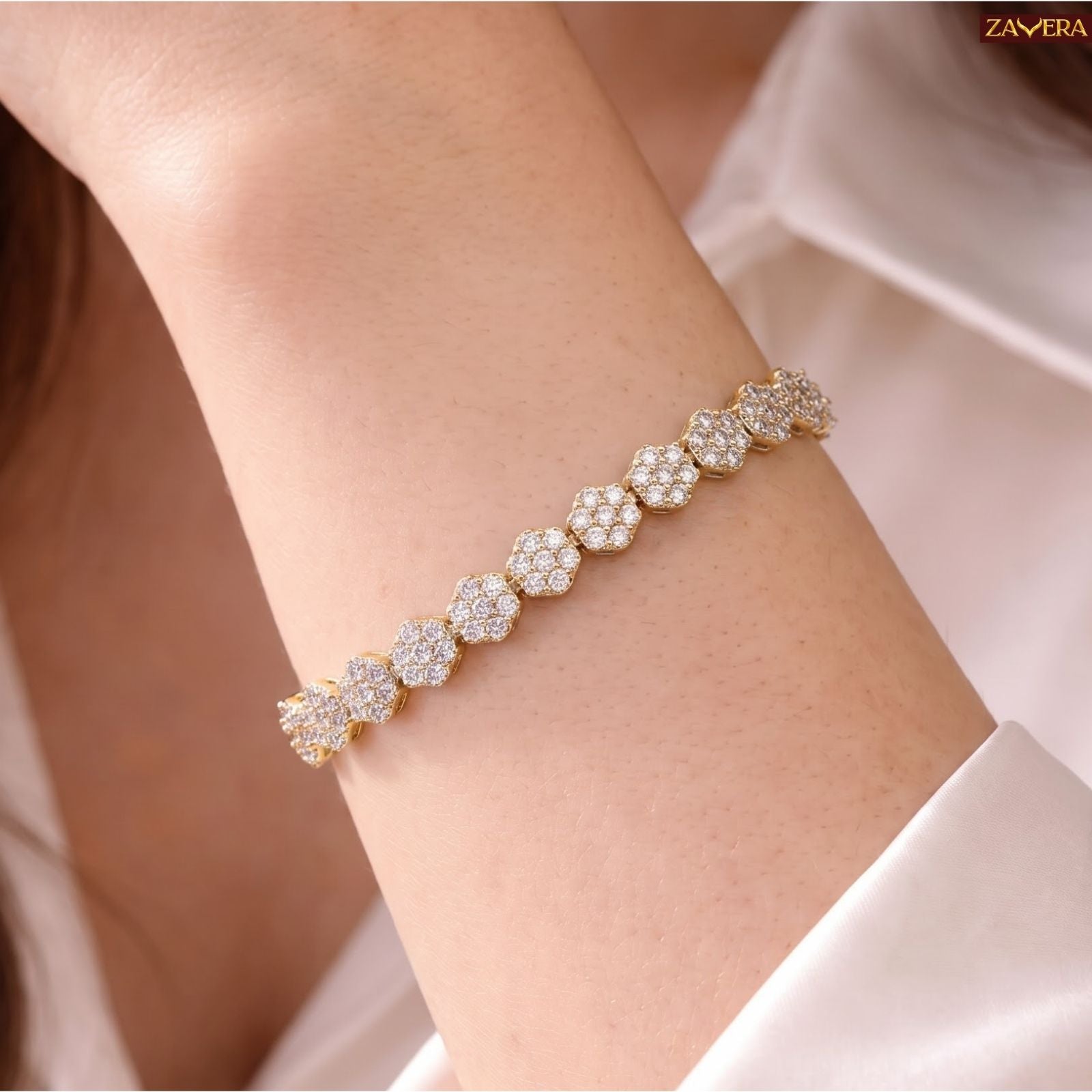 Zavera Gold Plated Round Floral Pave CZ Cluster Adjustable Bolo Bracelet for Women