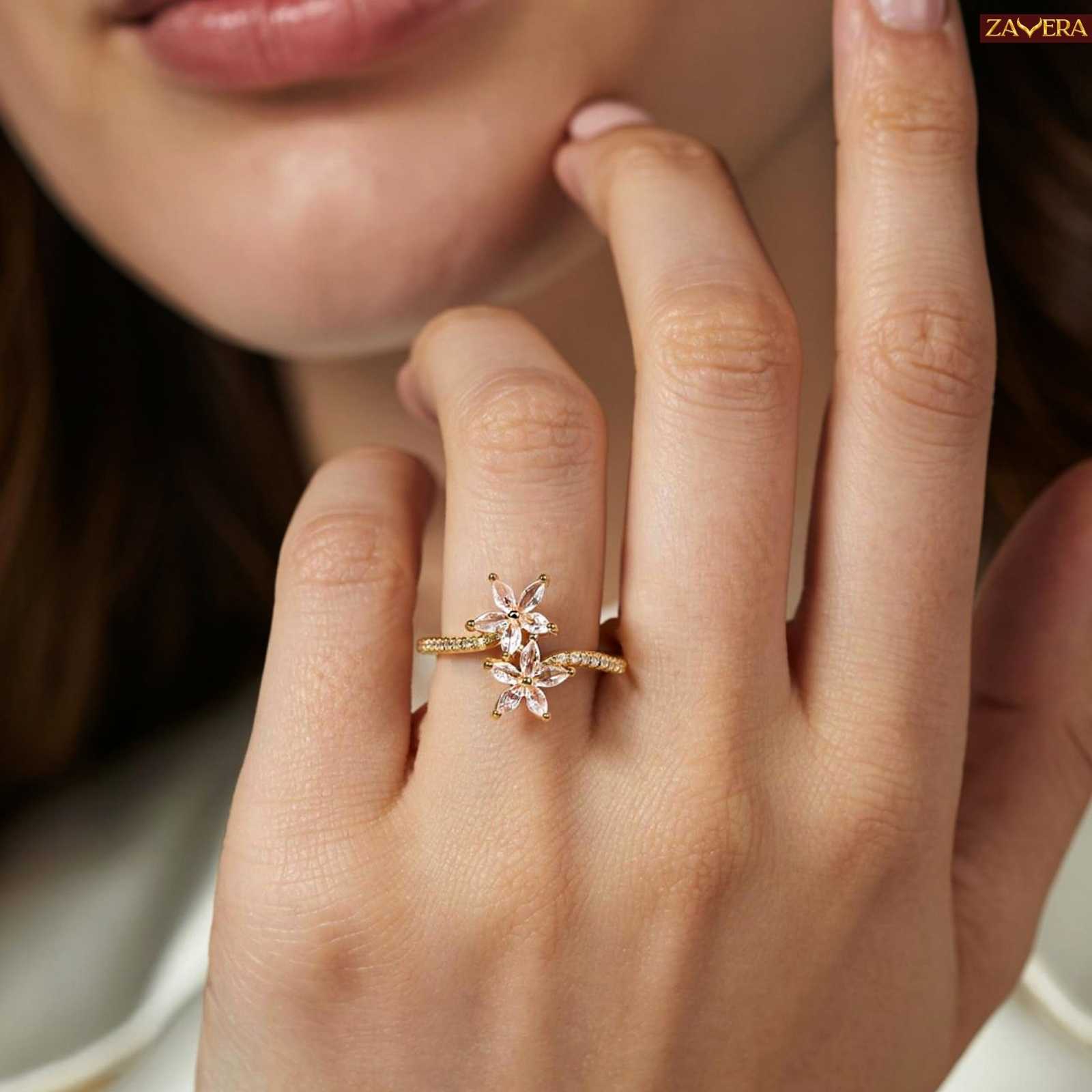 Zavera Gold Plated Double Flower Stone Adjustable Ring