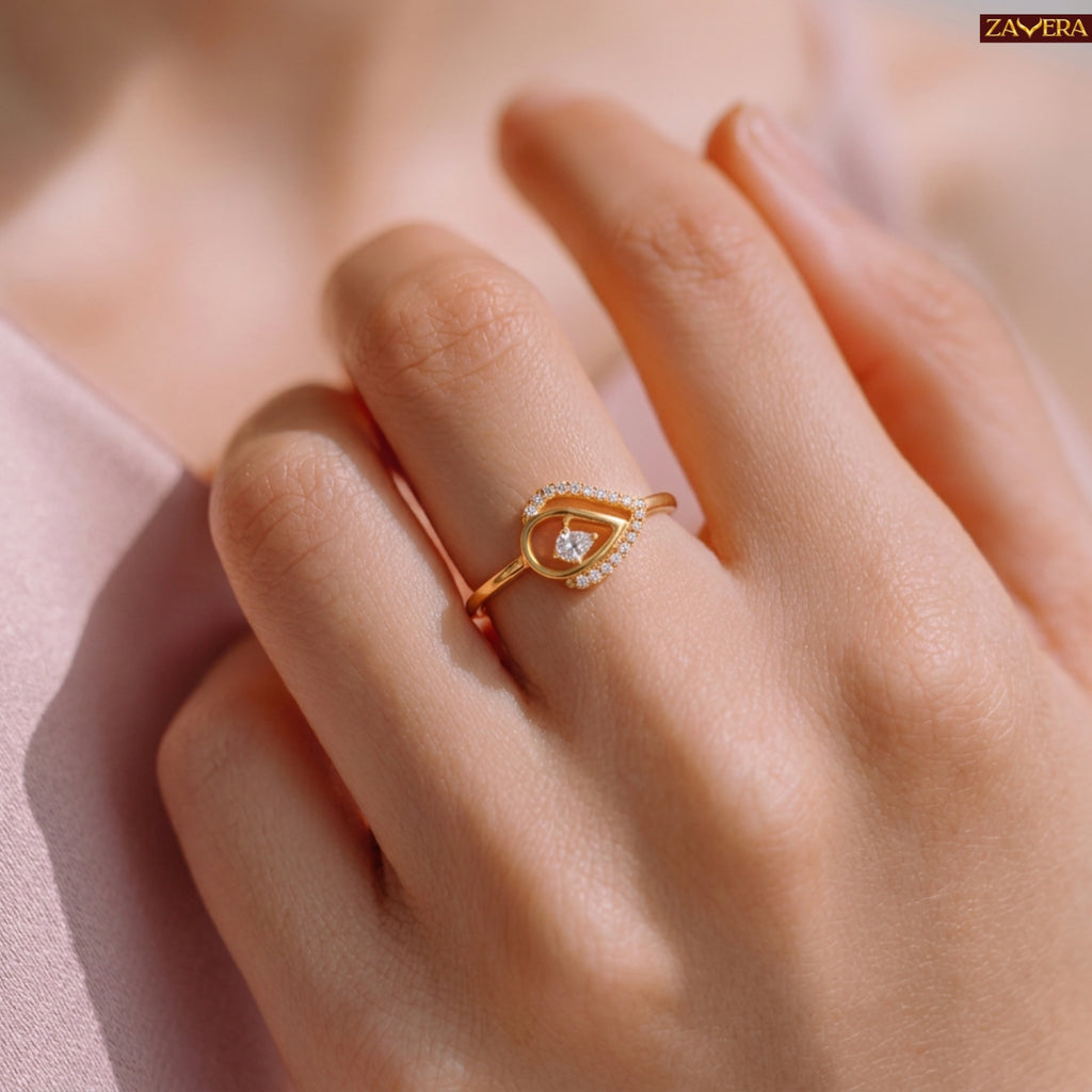 Zavera Brass 22K Teardrop Halo Gold Plated Leaf Ring For Women