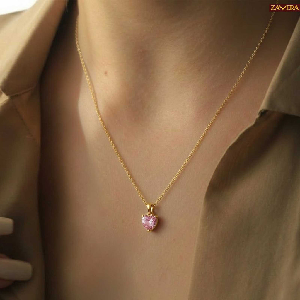 Zavera Pink Heart Shape Crystal Pendant Gold Plated