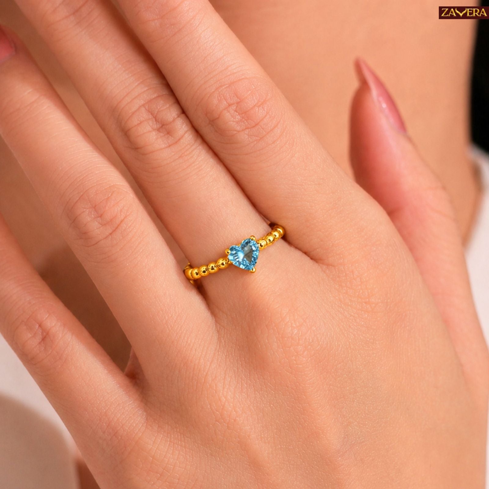Zavera Brass 22K Gold Plated Blue Heart Ring For Women