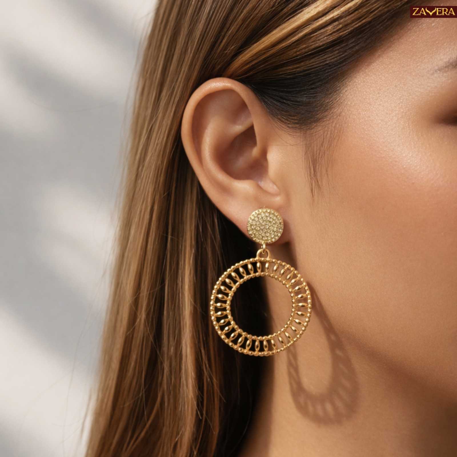 Vintage Hollow Circle Jhumka Gold Plated Earrings For Women