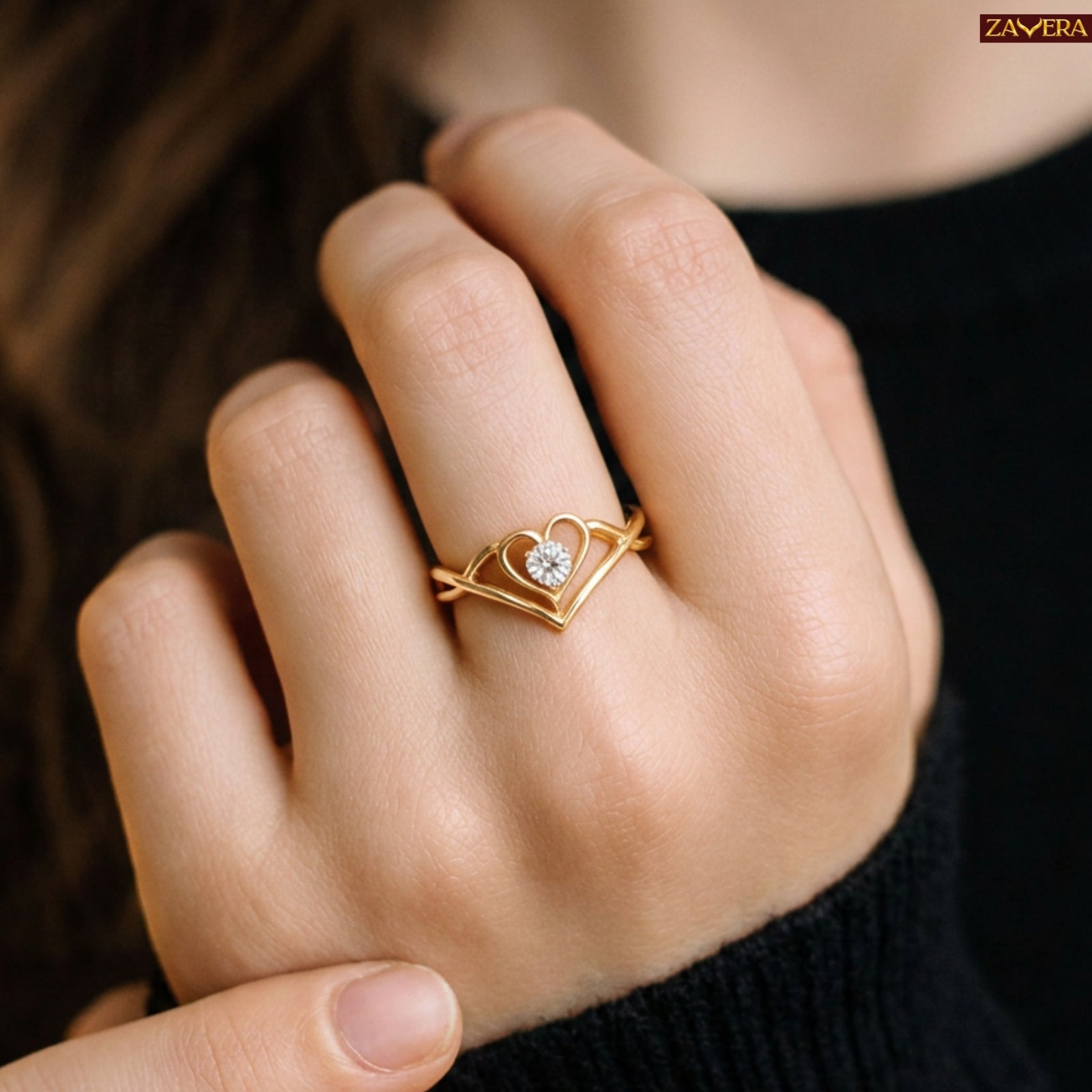 Gold Plated Sterling Silver V-Shape Heart Adjustable Ring